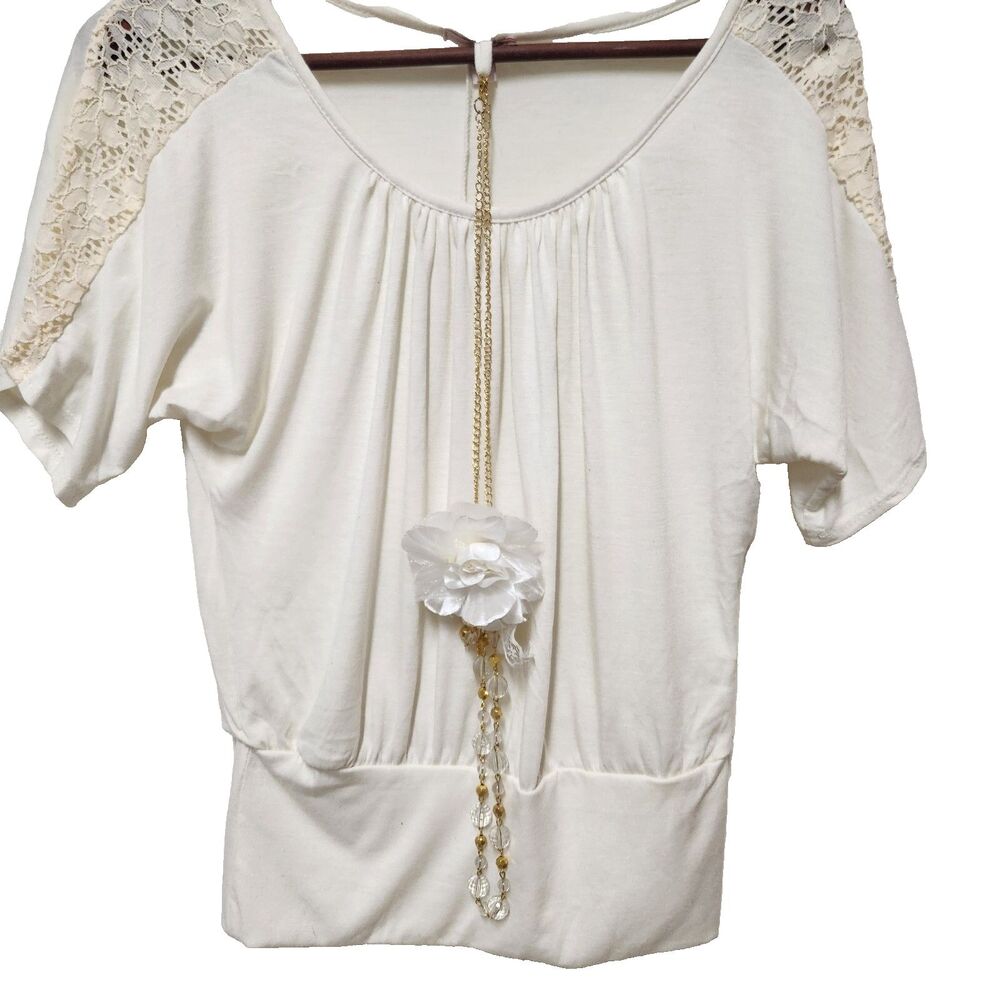 Bongo Chain Reaction SS Lace Shoulder Juniors Top Medium Y2K Antique White NWT